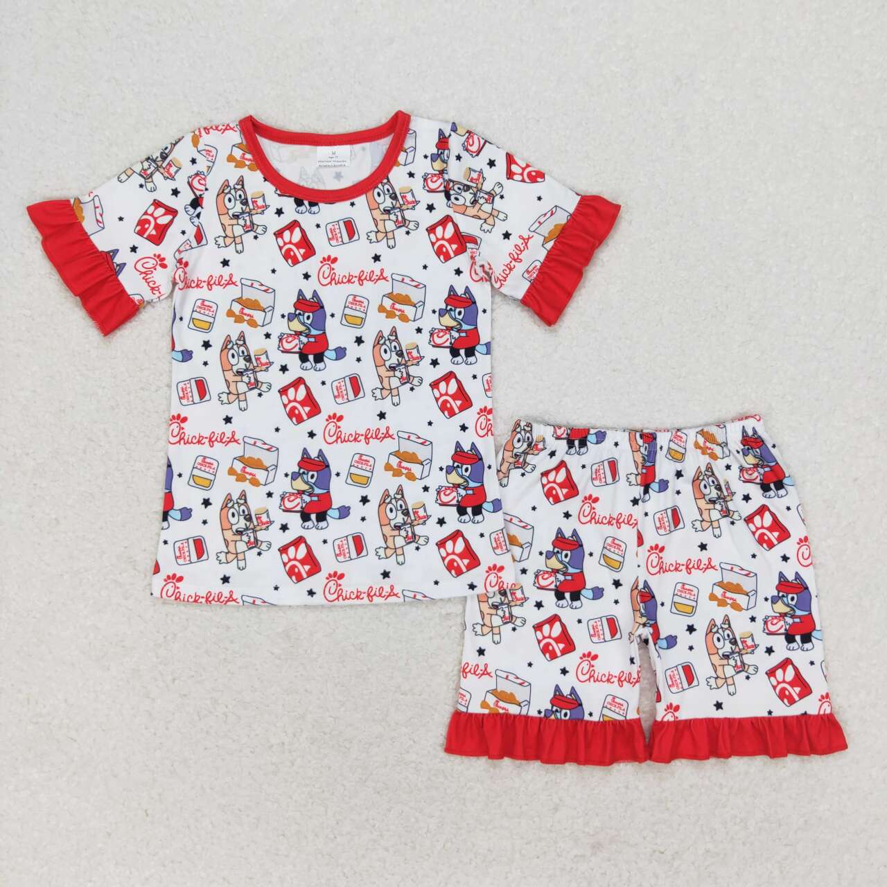 GSSO1292 Fried Chicken Star Red and White Lace Short Sleeve Shorts Pajama Set