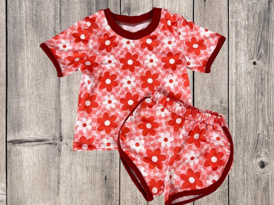 presale GSSO1298 Floral pink plaid short-sleeved shorts suit