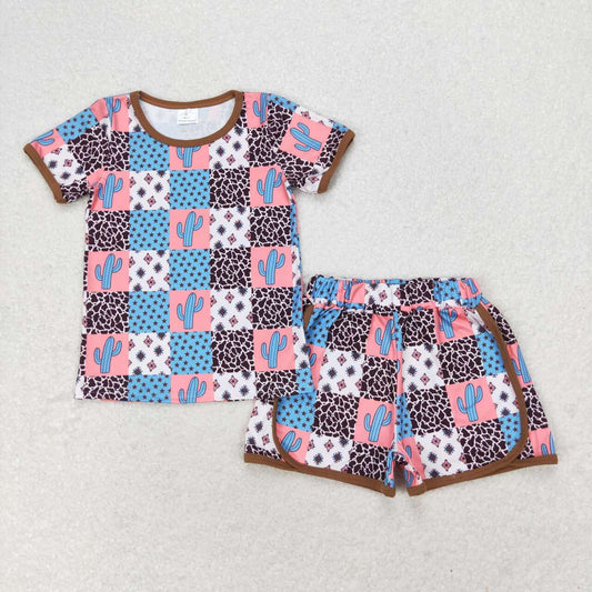 GSSO1299 Cactus Star Geometric Plaid Short Sleeve Shorts Set