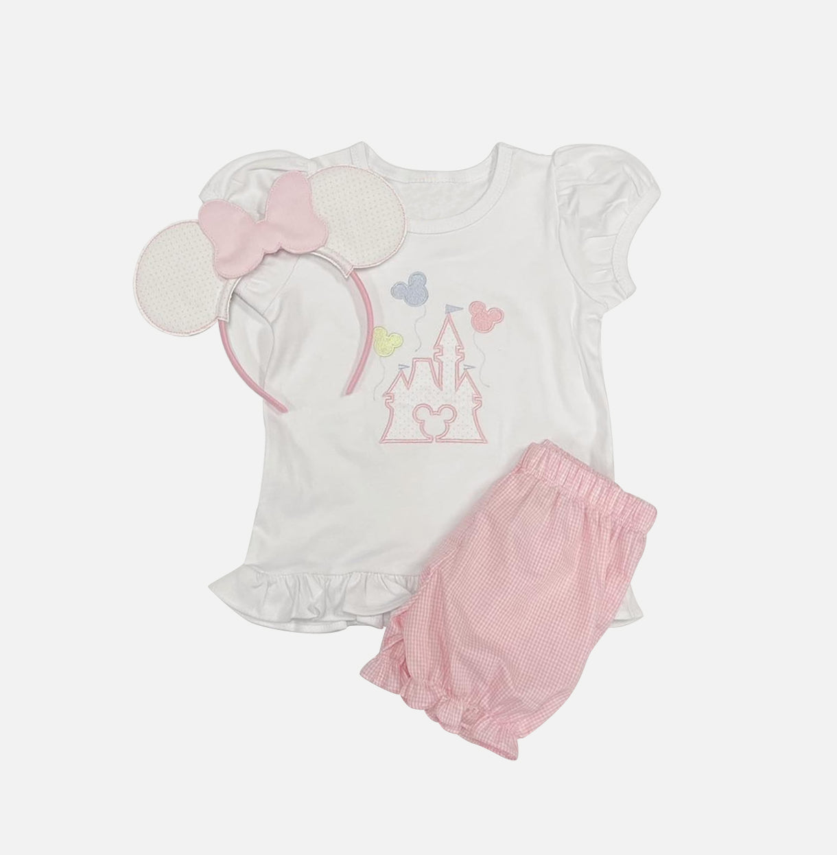 presale GSSO1301 Balloon Castle White Short Sleeve Pink Plaid Shorts Suit