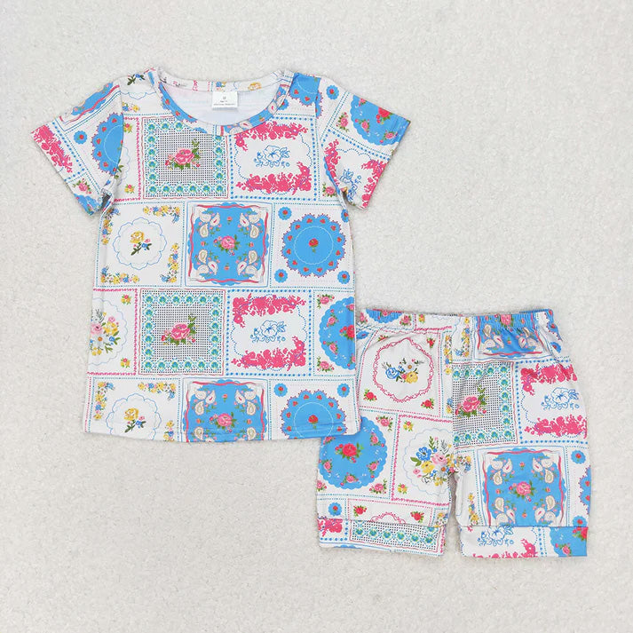 GSSO1304 Floral Plaid Short Sleeve Shorts Set D 814 14