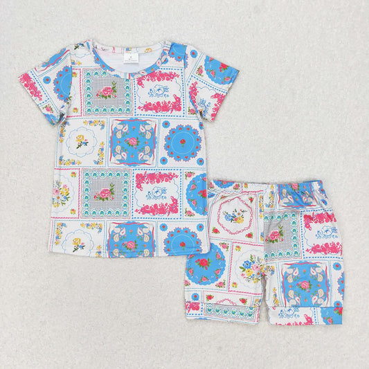 GSSO1304 Floral Plaid Short Sleeve Shorts Set D 814 14