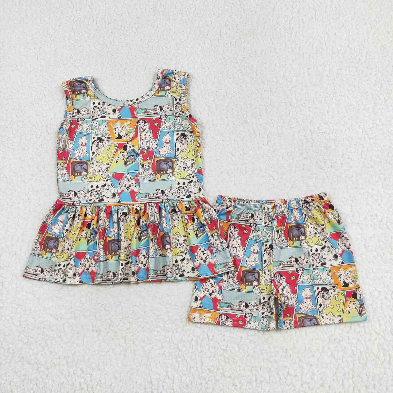 GSSO1309 Cartoon Dalmatian Geometric Sleeveless Shorts Set