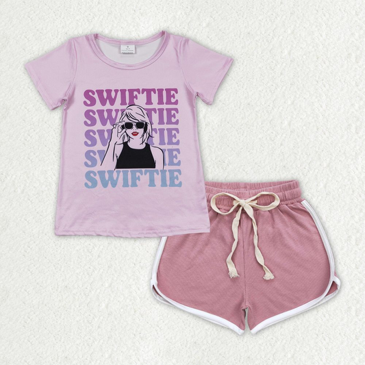 GSSO1313 Letter Pink Short Sleeve Dark Pink Shorts Set