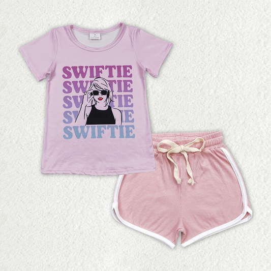 GSSO1314 Alphabet Pink Short Sleeve Light Pink Shorts Set