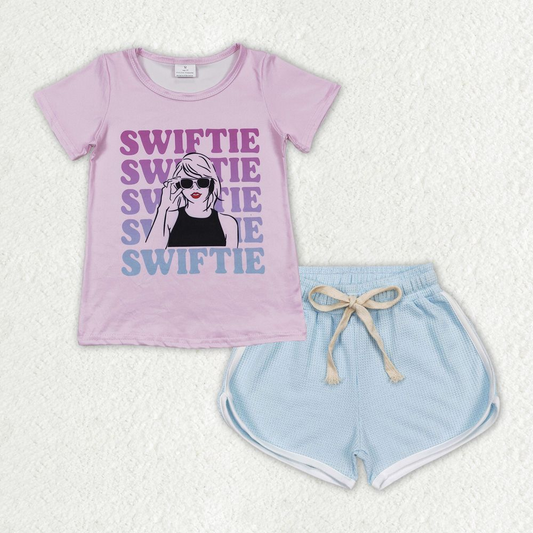 GSSO1315 Alphabet Pink Short Sleeve Blue Waffle Shorts Set