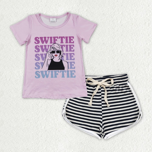 GSSO1316 Alphabet pink short-sleeved black and white striped waffle shorts suit