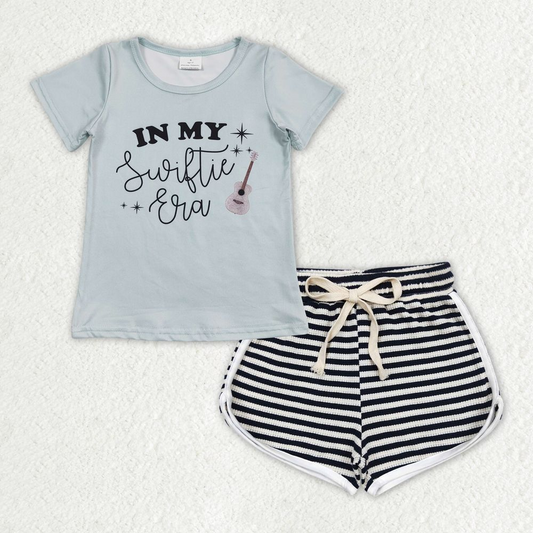 GSSO1324 Alphabet Teal Short Sleeve Black and White Striped Waffle Shorts Set