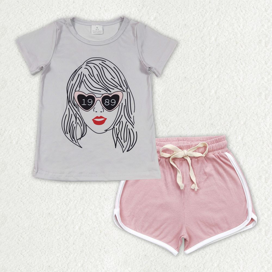 GSSO1327 Gray short sleeve light pink shorts suit