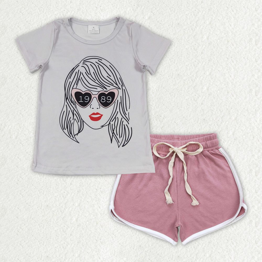 GSSO1328 Gray short-sleeved dark pink shorts suit