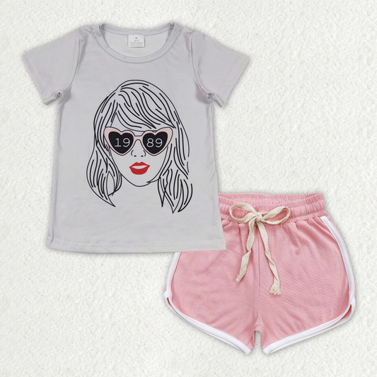 GSSO1330 Gray short sleeve pink shorts suit