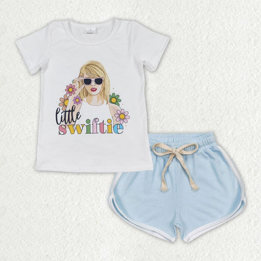 GSSO1338 Floral short-sleeved blue waffle shorts suit