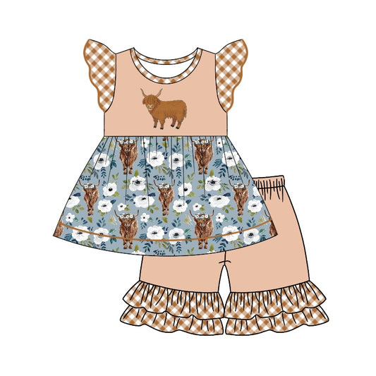 presale GSSO1344 Alpine cow head blue brown plaid flying sleeve shorts suit