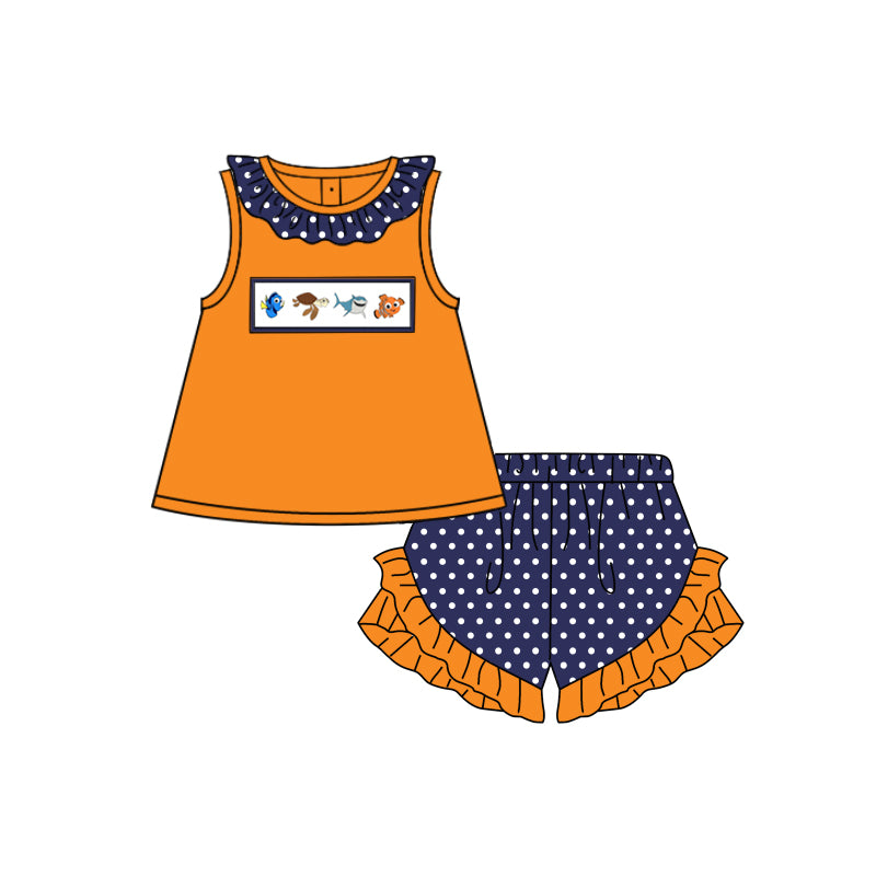 presale GSSO1345 Cartoon fish orange flying sleeves polka dot navy blue shorts suit
