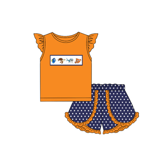presale GSSO1346 Cartoon fish orange flying sleeves polka dot navy blue shorts suit