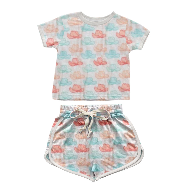 presale GSSO1347 Powder blue cowboy hat and white short-sleeved shorts suit