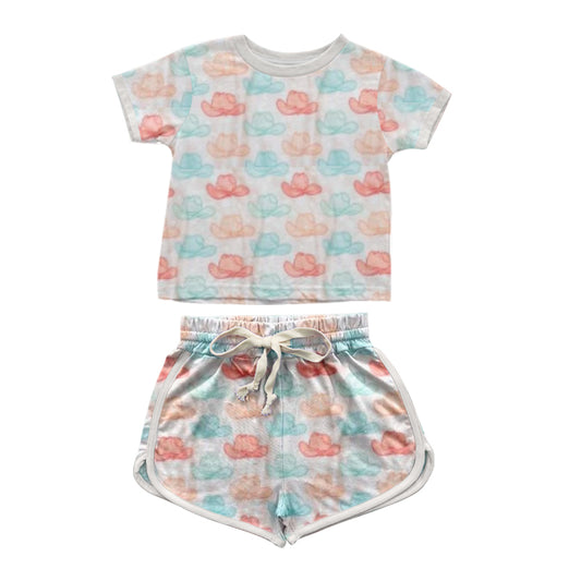 presale GSSO1347 Powder blue cowboy hat and white short-sleeved shorts suit