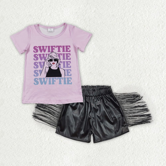 GSSO1353 Alphabet pink short-sleeved black glossy leather fringed shorts set