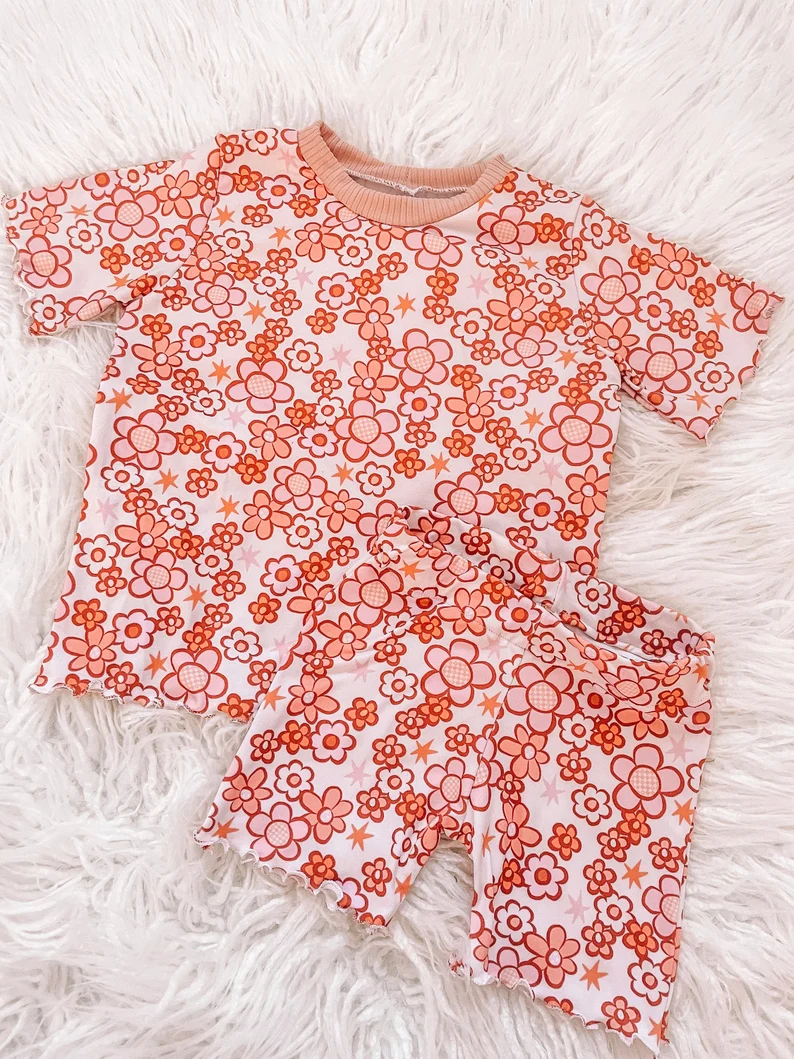 presale GSSO1360 Flowers and stars pink and white short-sleeved shorts suit