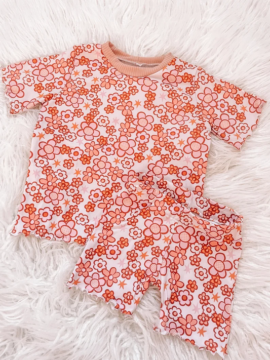 presale GSSO1360 Flowers and stars pink and white short-sleeved shorts suit