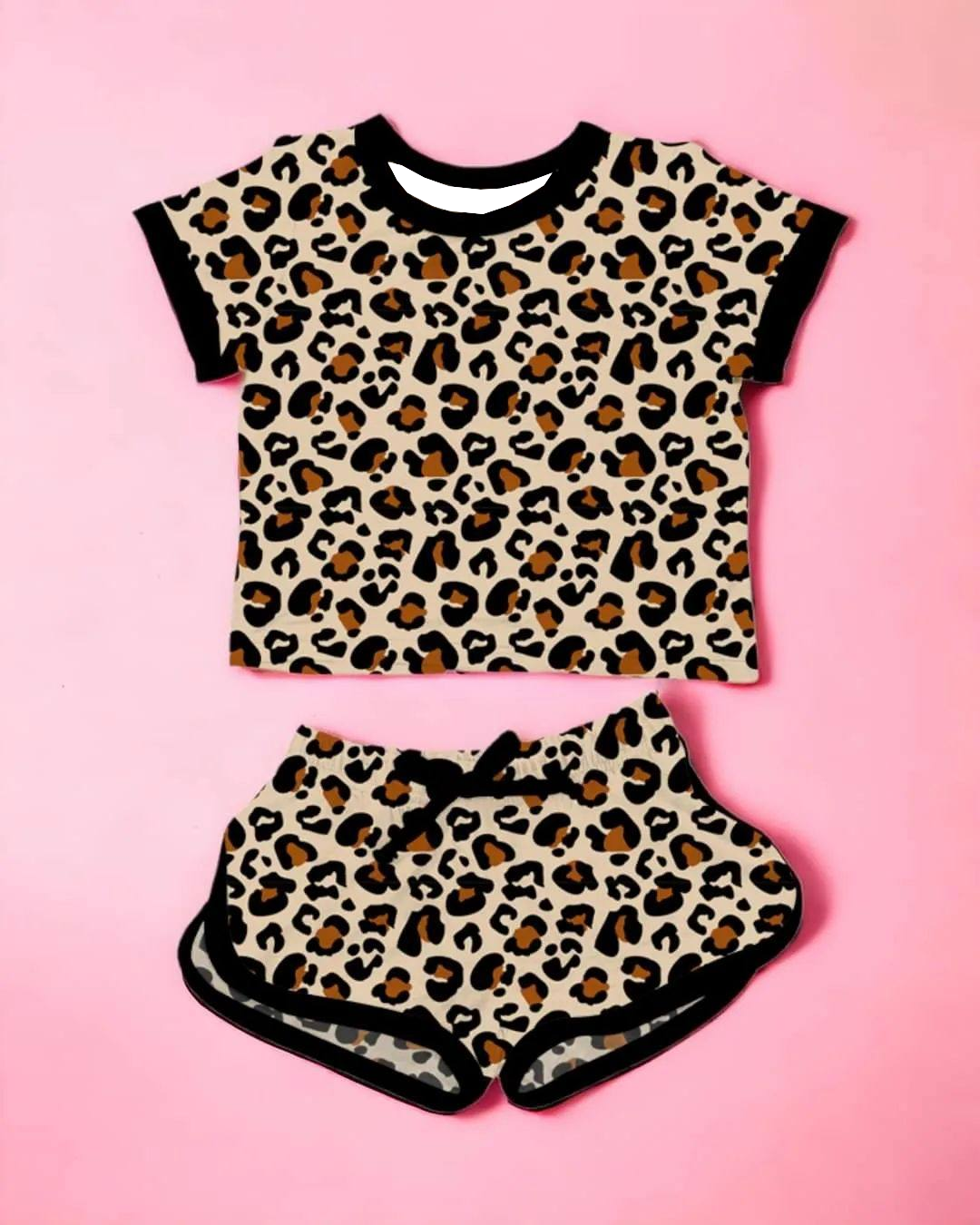 presale GSSO1362 Leopard print light brown short-sleeved shorts suit