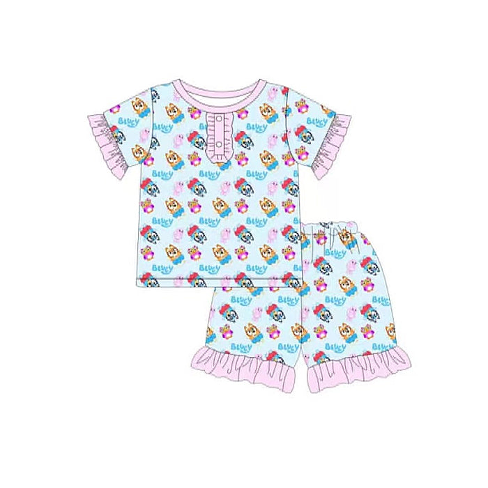GSSO1363 Pink lace light blue short-sleeved shorts pajama set