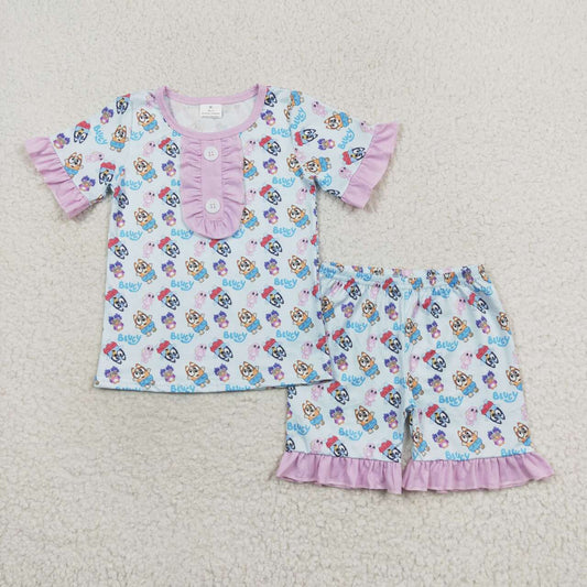 GSSO1363 Pink lace light blue short-sleeved shorts pajama set