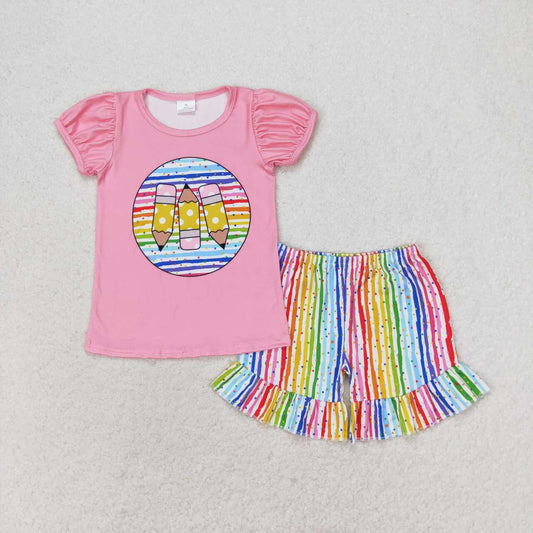 GSSO1366 Pencil Color Striped Pink Short Sleeve Shorts Set