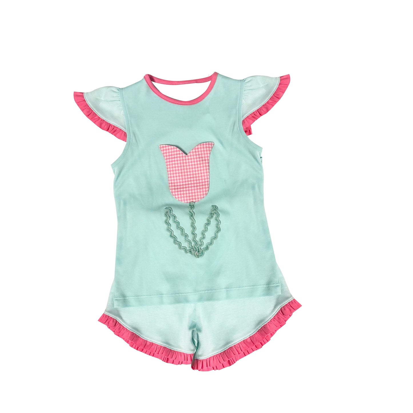 presale GSSO1367 Tulip plaid flower blue and green flying sleeve shorts suit