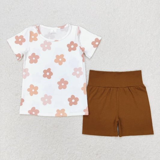 GSSO1371 Floral white short-sleeved solid brown shorts suit