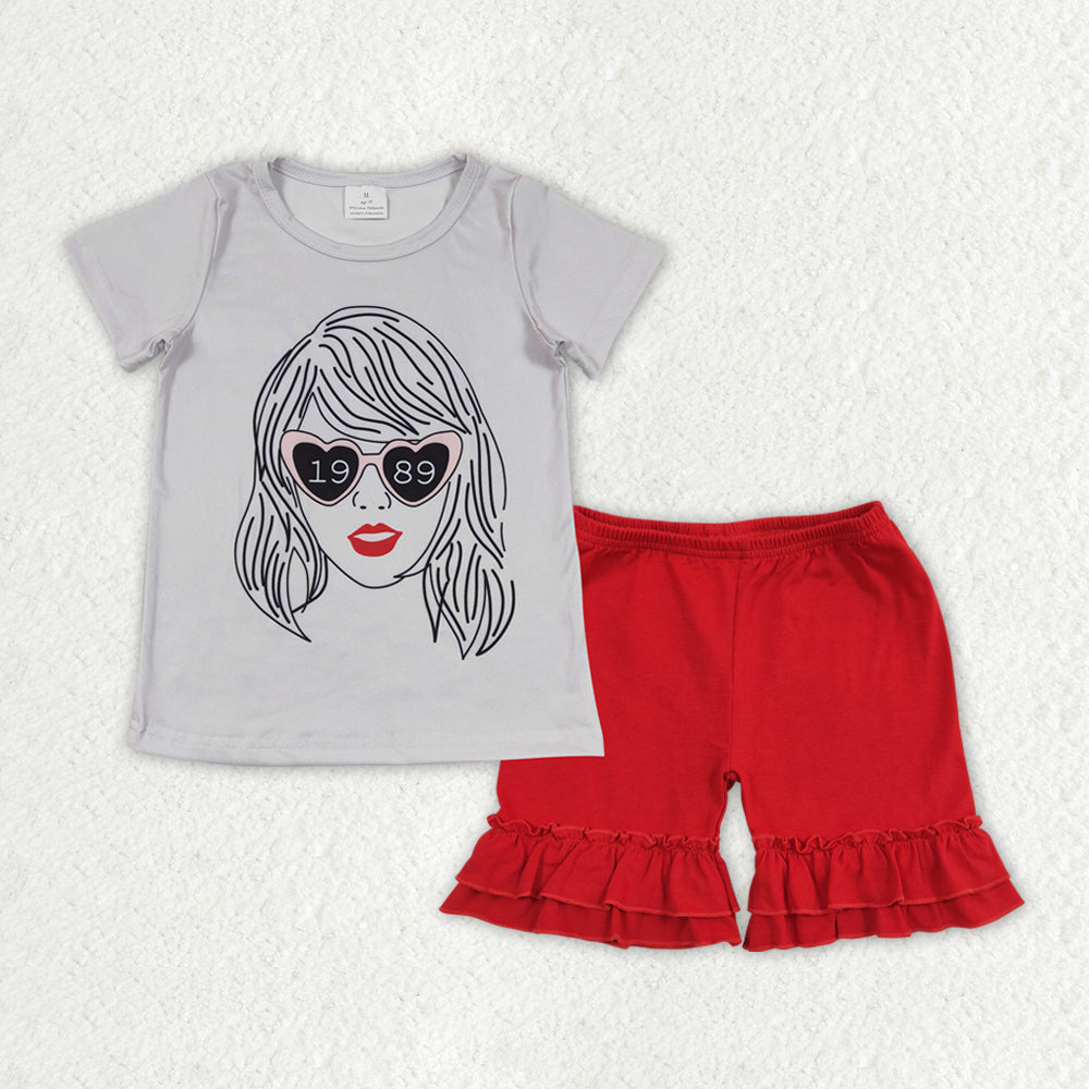GSSO1377 Gray short-sleeved red lace shorts suit