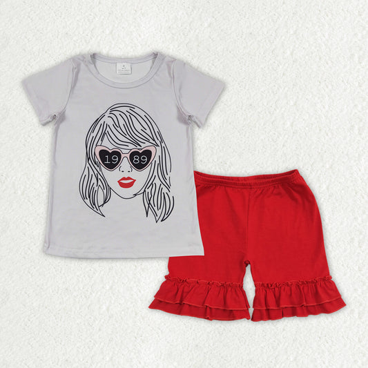 GSSO1377 Gray short-sleeved red lace shorts suit