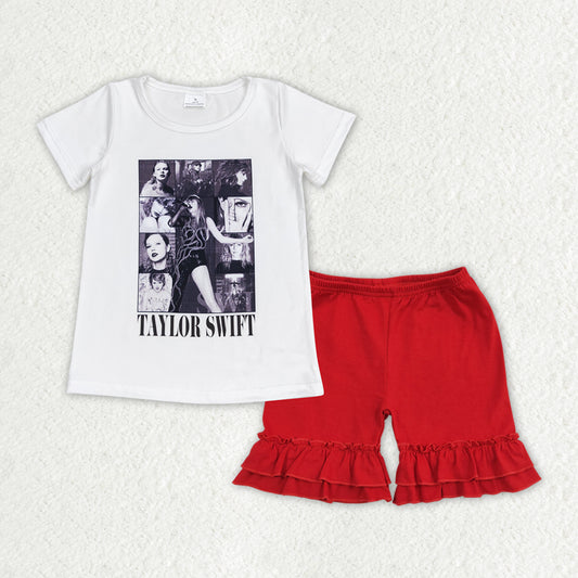 GSSO1378 White short-sleeved red lace shorts suit
