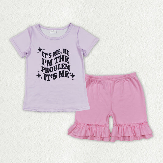 GSSO1379 problem letter purple short-sleeved pink and purple lace shorts suit
