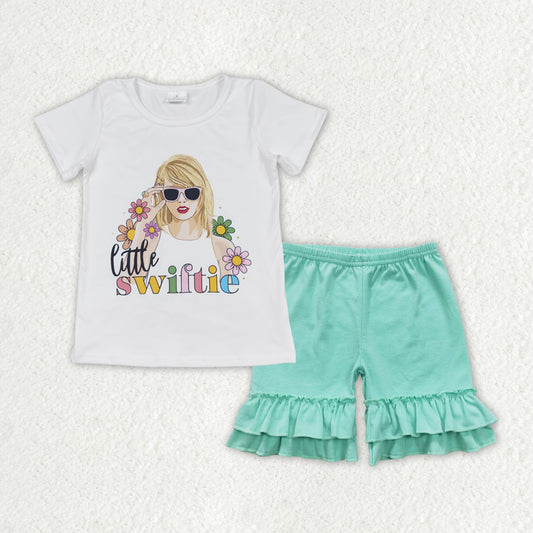 GSSO1384 little swiftie floral short-sleeved turquoise lace shorts suit