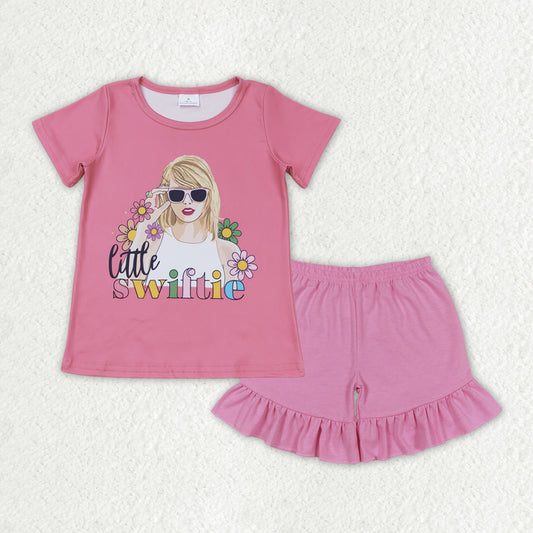 GSSO1387 little swiftie floral pink short-sleeved pink one-layer lace shorts suit