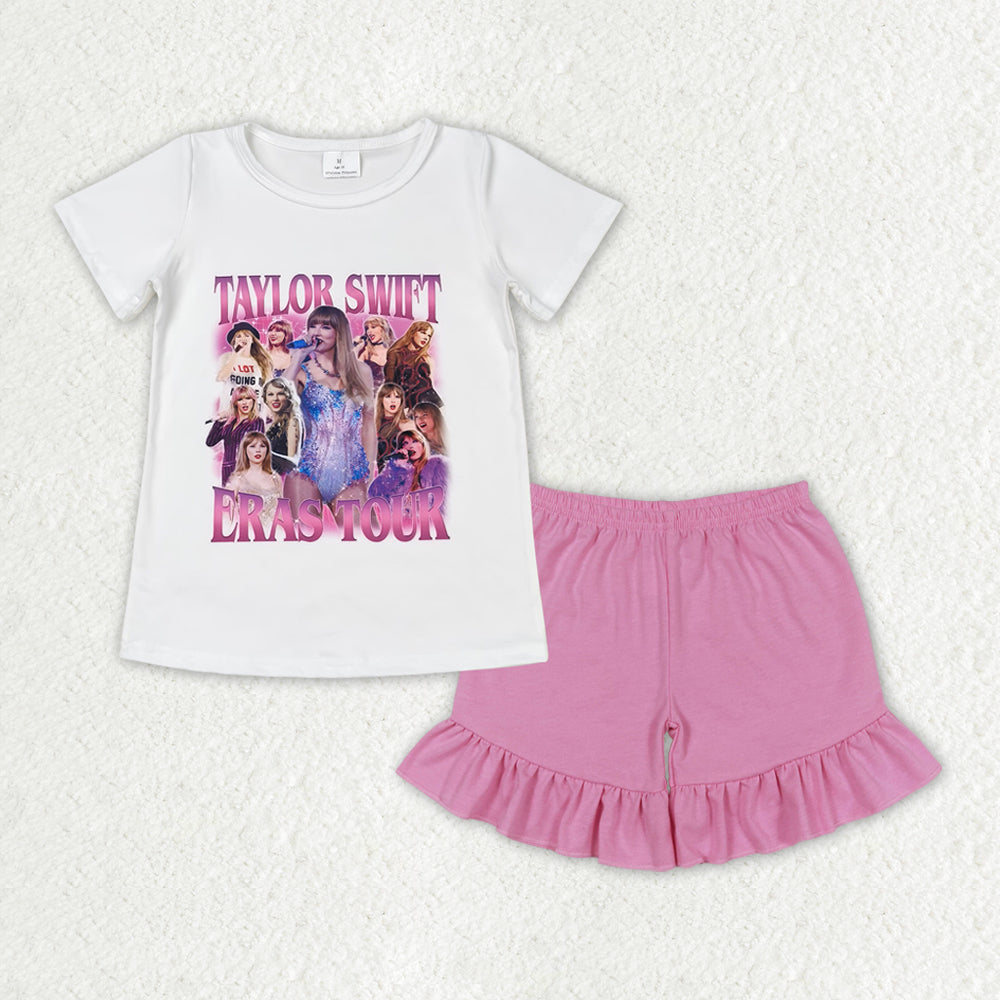 GSSO1389 White short-sleeved pink lace shorts suit
