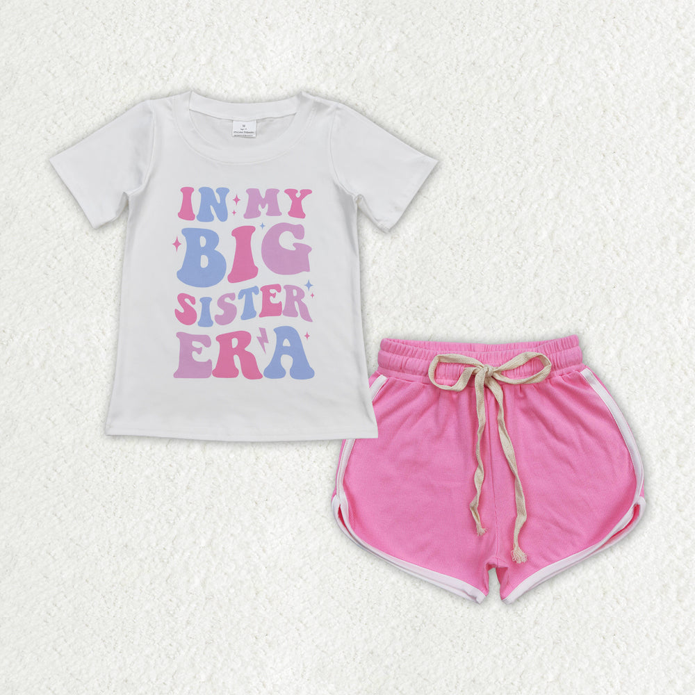 GSSO1404 big sister era letter white short sleeve bright pink shorts suit
