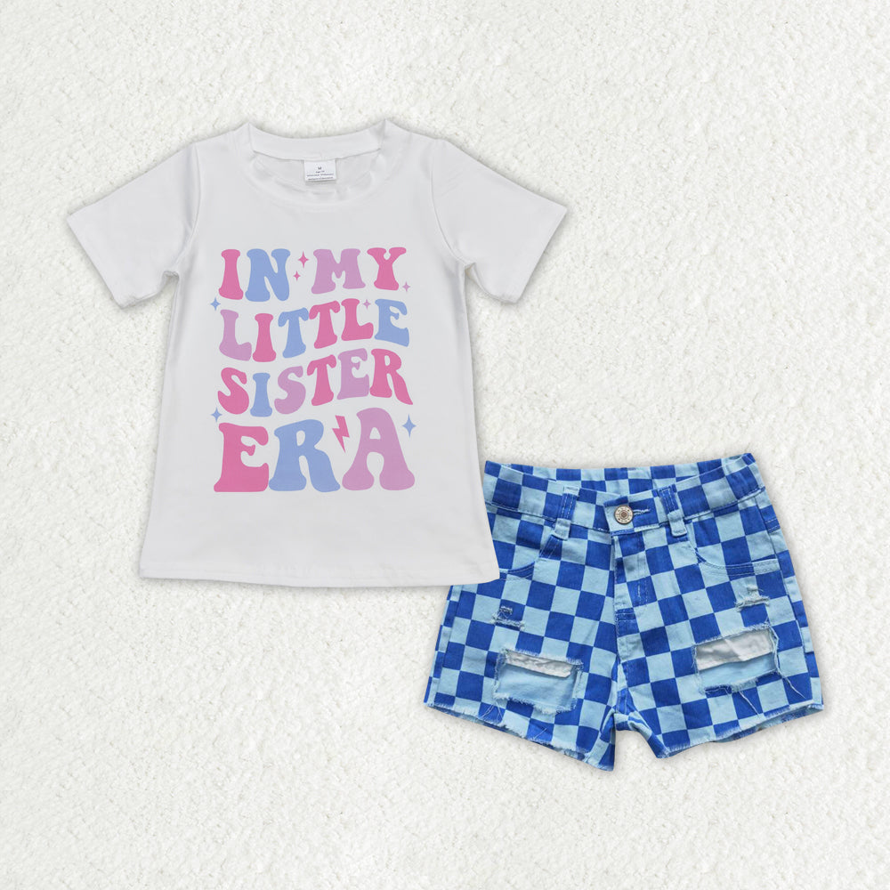 GSSO1411 little sister era letter white short sleeve blue plaid ripped denim shorts suit