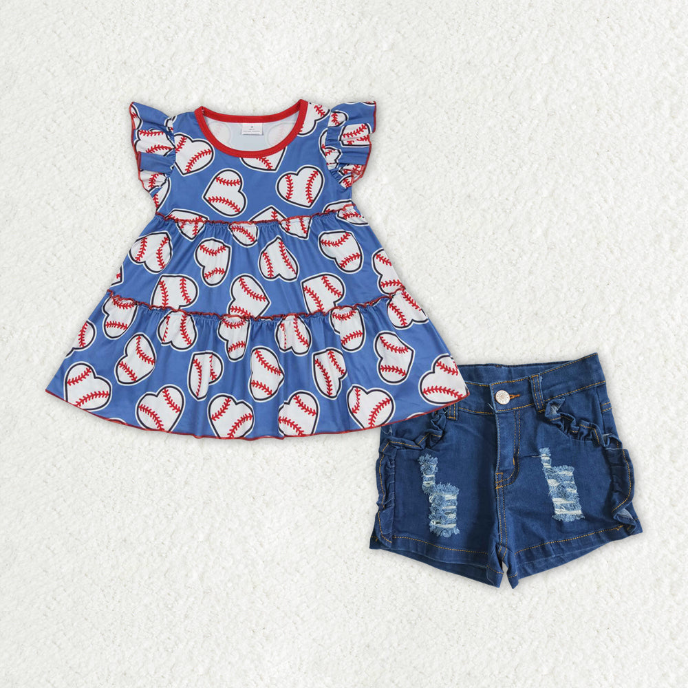 GSSO1413 Love baseball blue flying sleeve denim dark blue ripped shorts suit