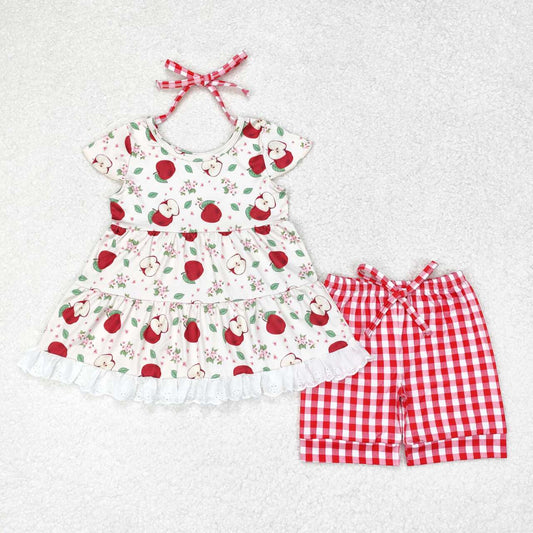 GSSO1416 Apple Leaf Lace Flying Sleeve Red Plaid Shorts Set