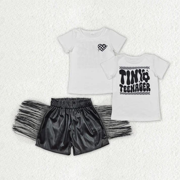 GSSO1419 Black and white plaid love short-sleeved black glossy leather tassel shorts set