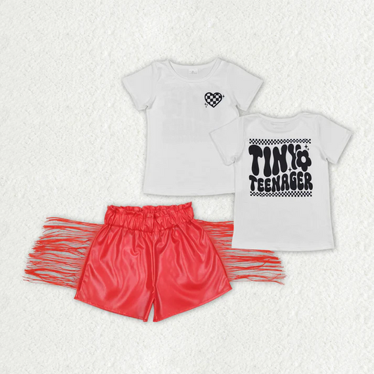 GSSO1420 tiny teenager black and white plaid love short-sleeved red glossy leather fringed shorts suit