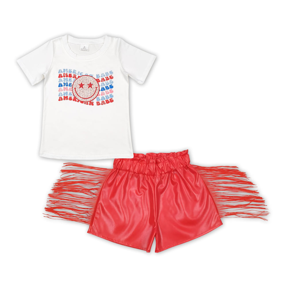 GSSO1421 Leopard print smiley white short-sleeved red glossy leather fringed shorts suit
