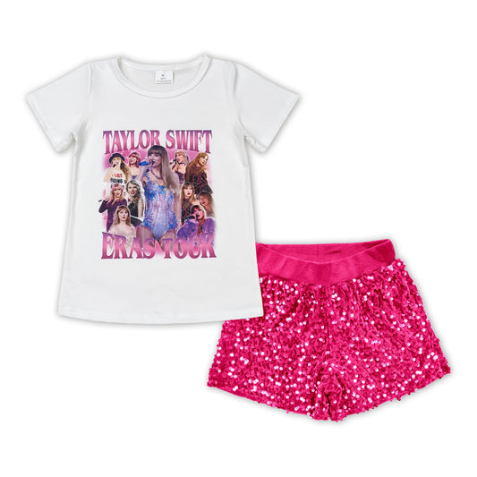 GSSO1422 Baby Girls Singer Concert Tee Shirts Hot Pink Sequin Shorts Clothes Sets