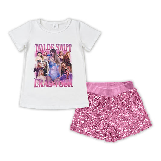 GSSO1423 Baby Girls Singer Era Tee Shirts Pink Sequin Shorts Clothes Sets