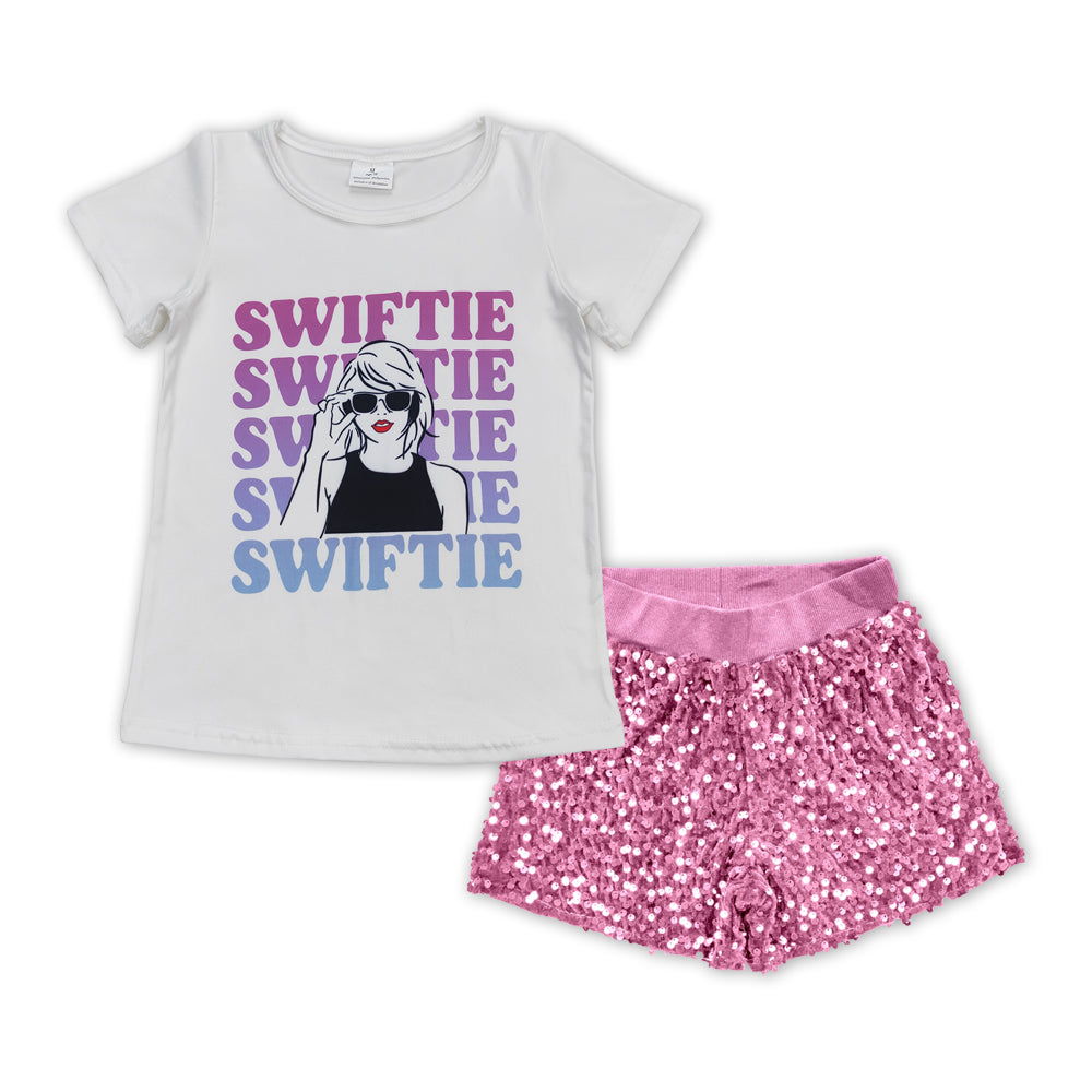 GSSO1425 Baby Girls Singer TS Tee Shirts Pink Sequin Shorts Clothes Sets