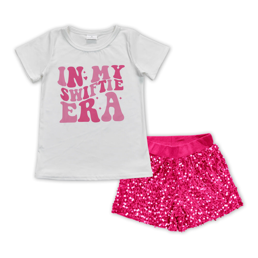GSSO1426 Baby Girls Singer Era Tee Shirts Hot Pink Sequin Shorts Clothes Sets