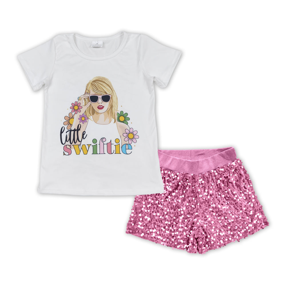 GSSO1427 Baby Girls Little Swift Flowers Tee Shirts Pink Sequin Shorts Clothes Sets