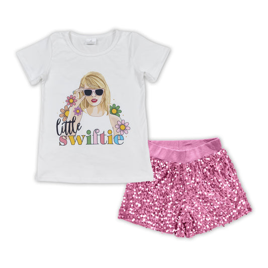 GSSO1427 Baby Girls Little Swift Flowers Tee Shirts Pink Sequin Shorts Clothes Sets